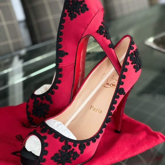 Christian Louboutin Red/Black Satin Heels - Picture 6 of 13